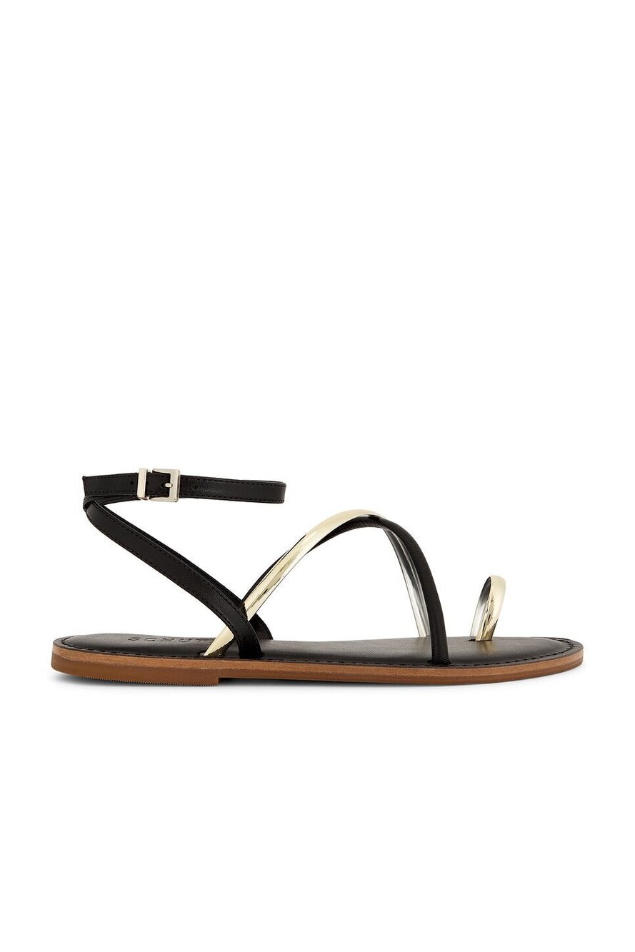 Schutz Valeria Sandal in Ouro & Black faux leather almond toe strappy flat